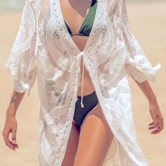 Sheer Embroidery Tie Front Mesh Kimono - Picture 8 of 12